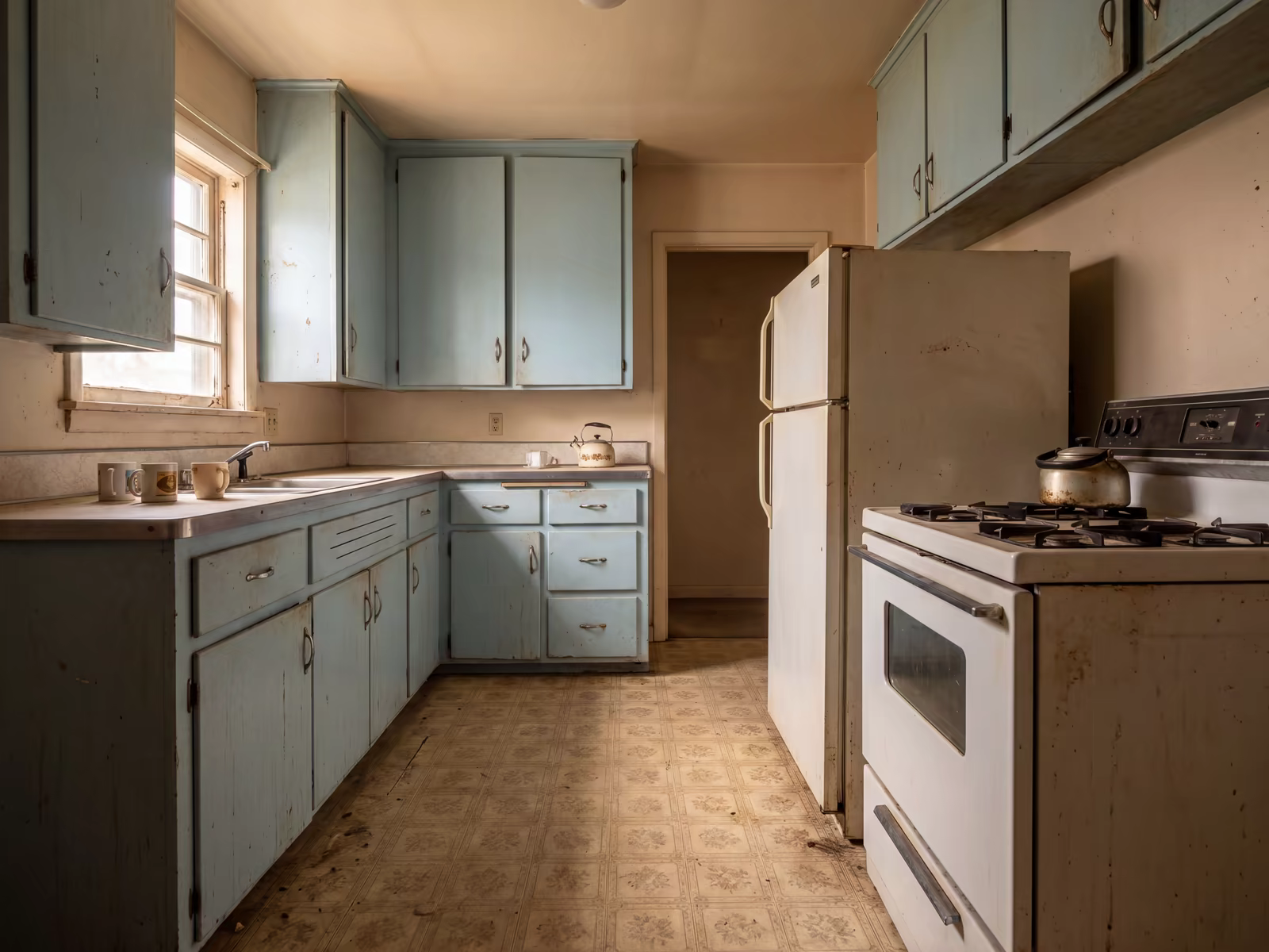 Dated kitchen with worn cabinets and scuffed floors — the kind of property we buy as-is