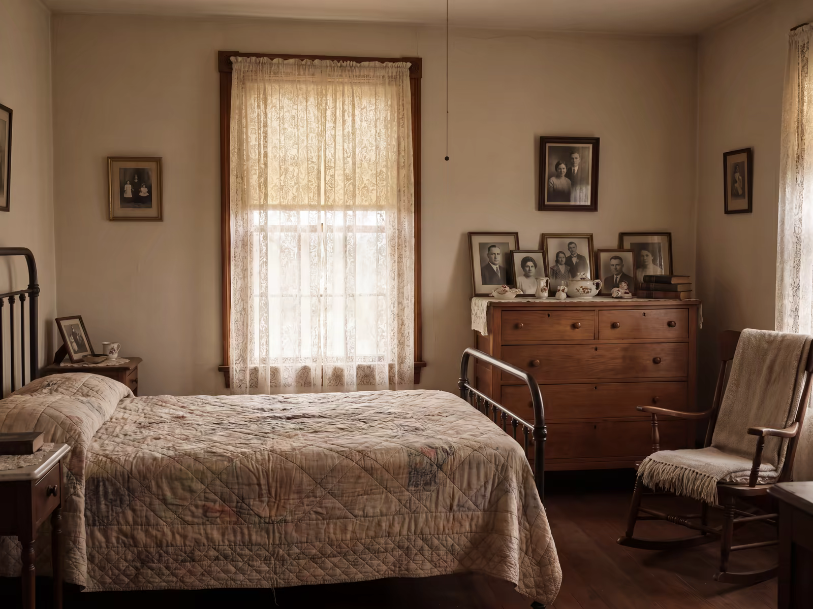 Empty bedroom in an inherited home with personal items and vintage furniture left behind