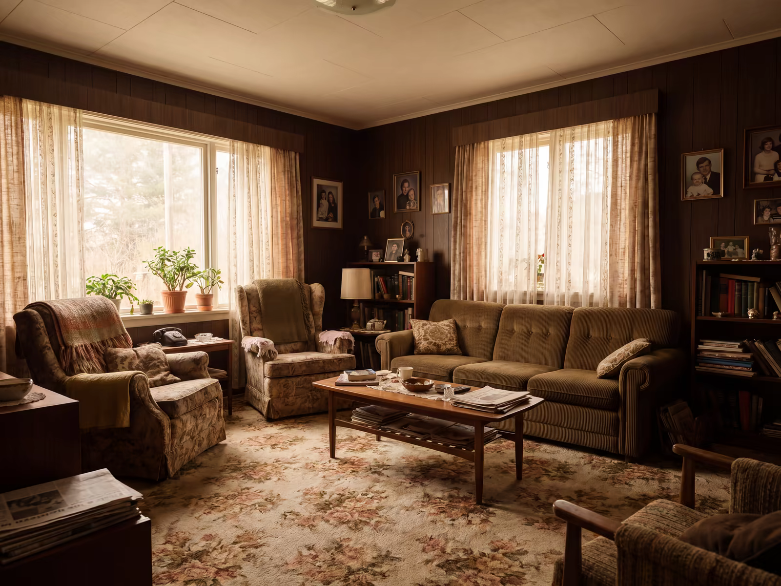 Older living room with dated carpet and wallpaper, lived-in but cared for